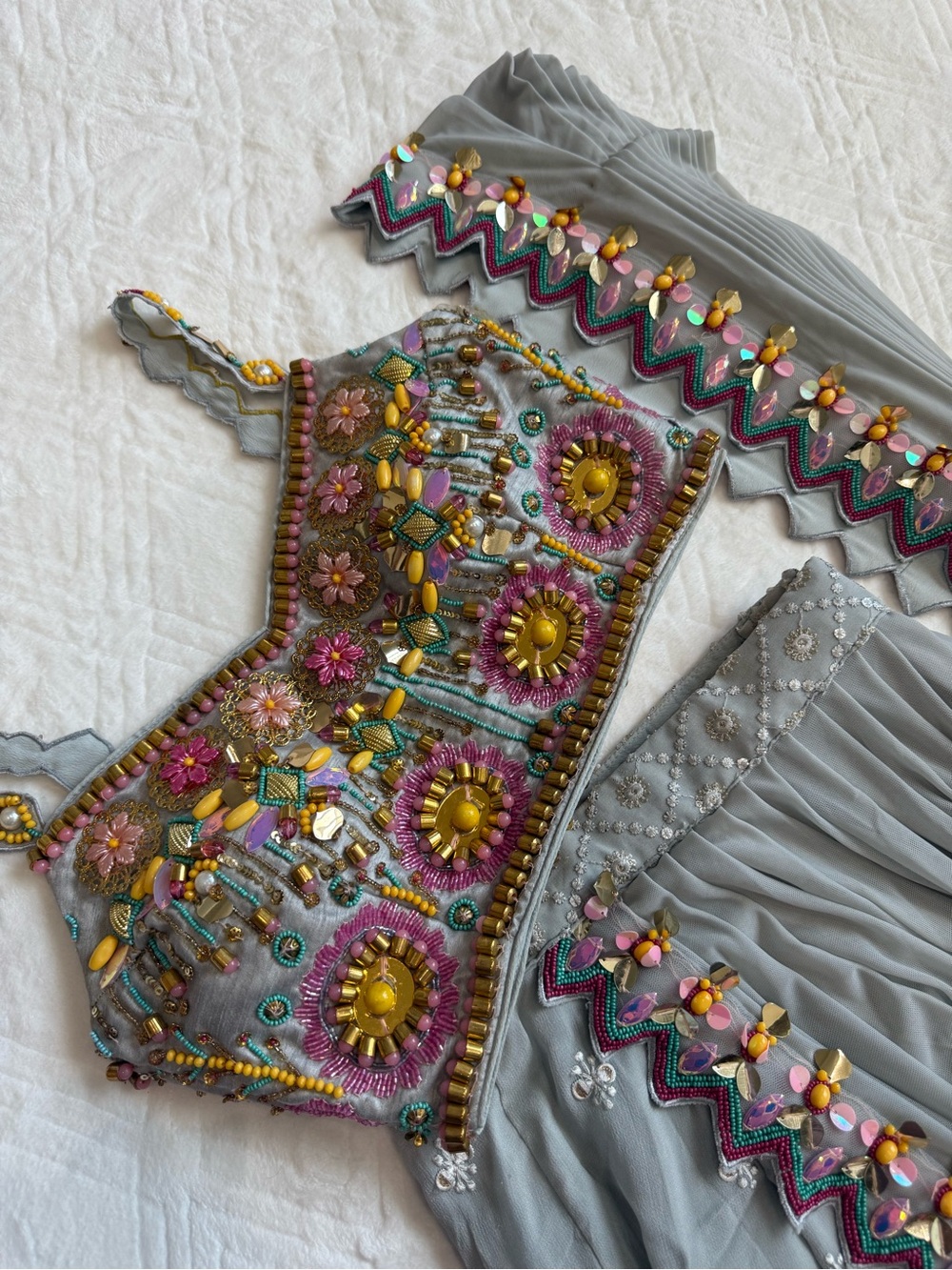 Embellished Light Gray/Blue Crop Top and Pants Set.